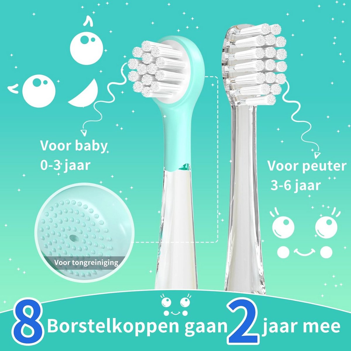 Elektrische Kindertandborstel met LED-verlichting, Magnetische Oplaadfunctie, 8 Vervangbare Borstels, 2-Minuten Timer, Geschikt voor Peuters 0-6 Jaar