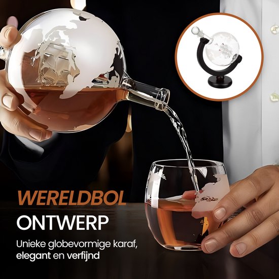 Coffret cadeau Golermo Globe à whisky de Luxe – Carafe + 2 Verres à whisky + 9 pierres rafraîchissantes + support en bois – Coffret cadeau