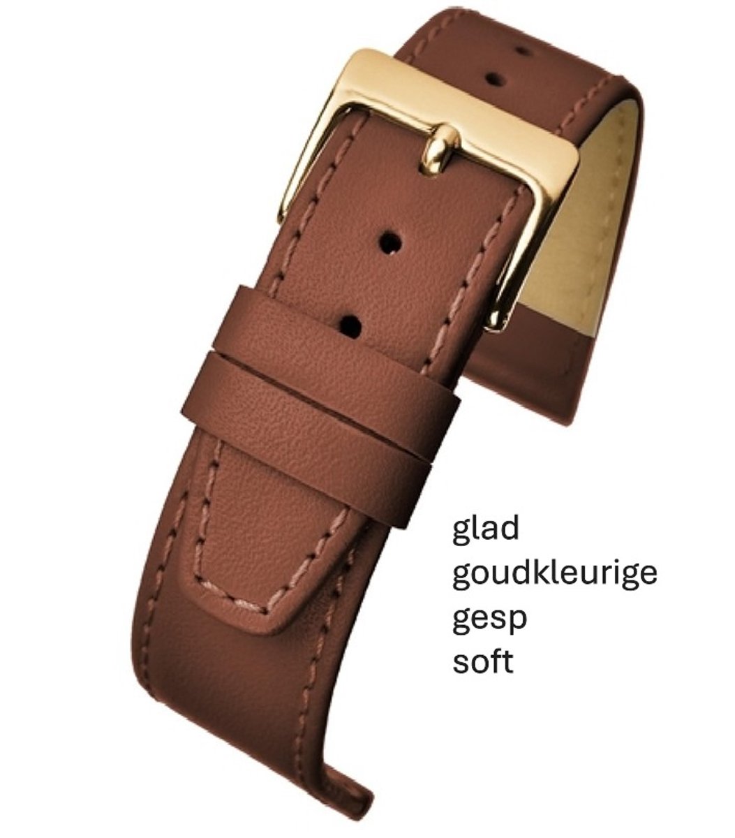 Horlogeband-horlogebandje-18mm-bruin-cognac-gestikt-soft-echt leer-plat- goudkleurige gesp-leer-18 mm