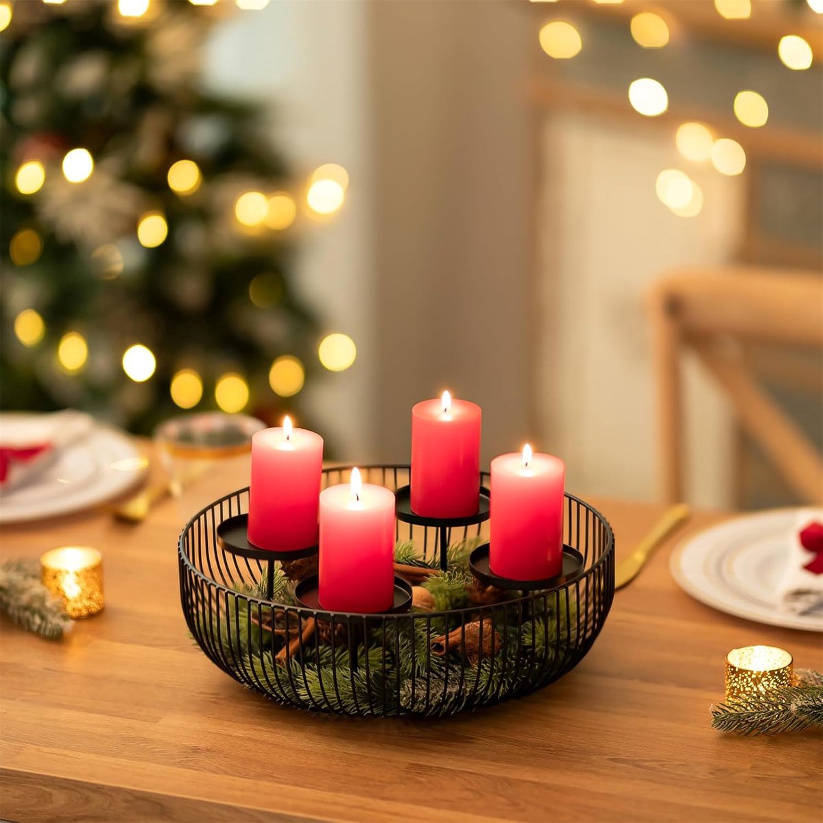 Moderne Zwarte Adventskrans met Kaarshouder - 4 Pilaar Kaarsen - Kerstdecoratie in Metaal – foto 4