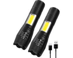 ODESSEY Zaklamp LED Oplaadbaar - 2-Pack - COB-Verlichting - met Polsband - Militaire Zaklamp - Zaklampen - Kind - Zwart