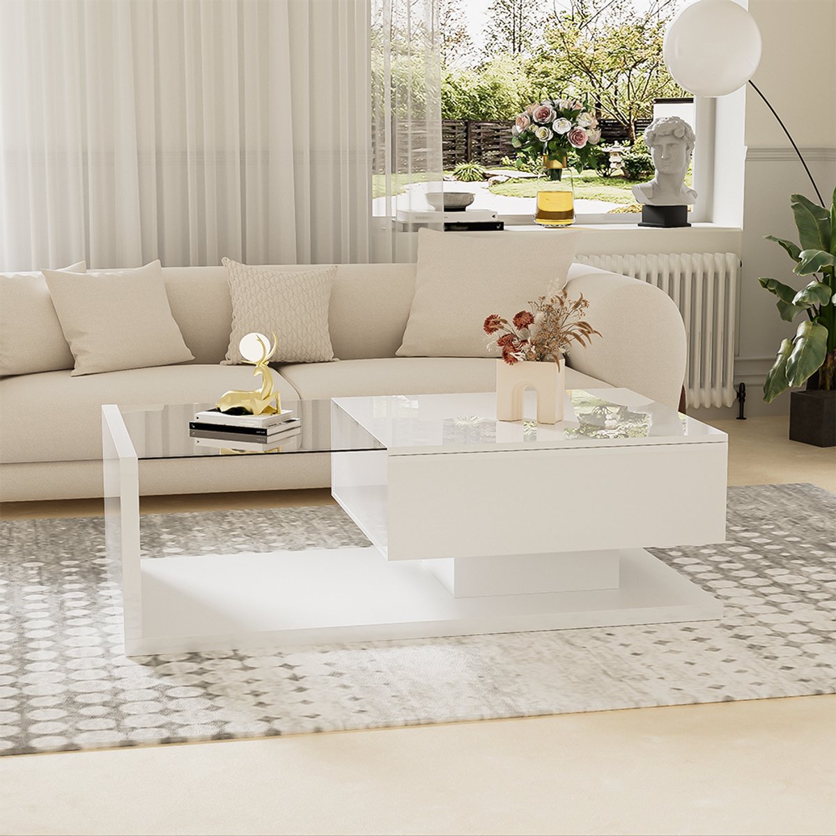 YEHTOKHOME Salontafel Hoogglans Wit Bijzettafels, Salontafels met Glazen Tafelblad en LED Verlichting, Woonkamertafel Koffietafel met lade, 105x55x32,5 cm