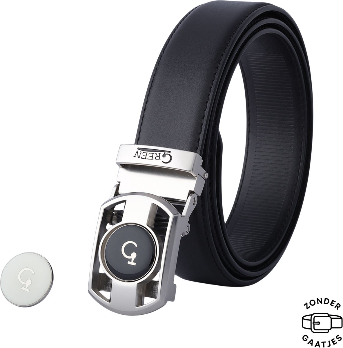 ®Green Golfriem Heren Pro – Echt Leer - Verstelbare Riem - Riem Heren en Dames - Golfen - Zonder Gaatjes - Golf Marker - kleur black real leather
