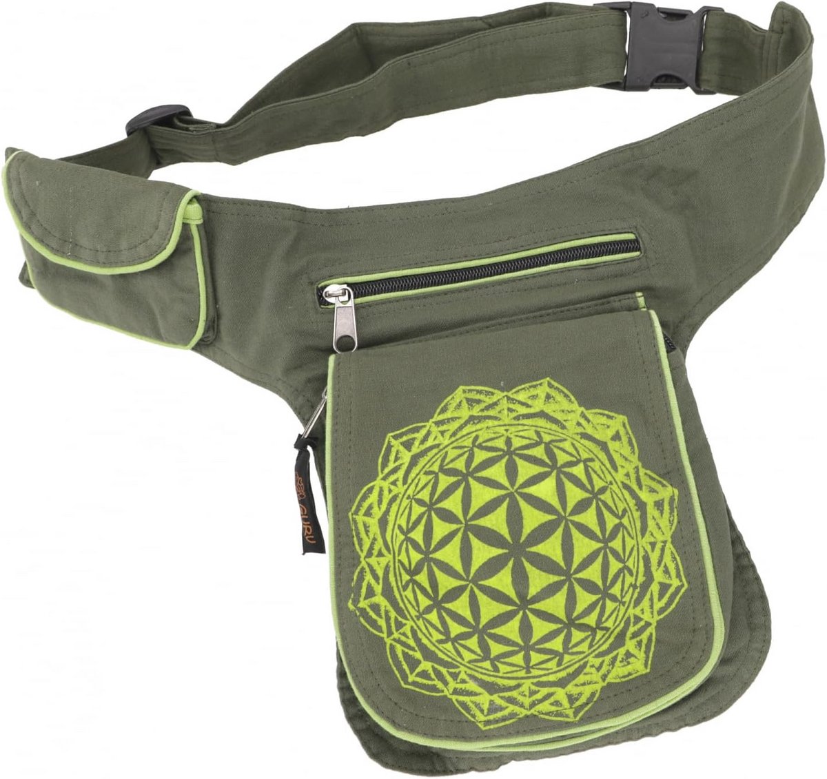 Boho Heuptas en Sidebag 'Flower of Life' - Olijfgroen, 100% Katoen, Casual Festival Tas