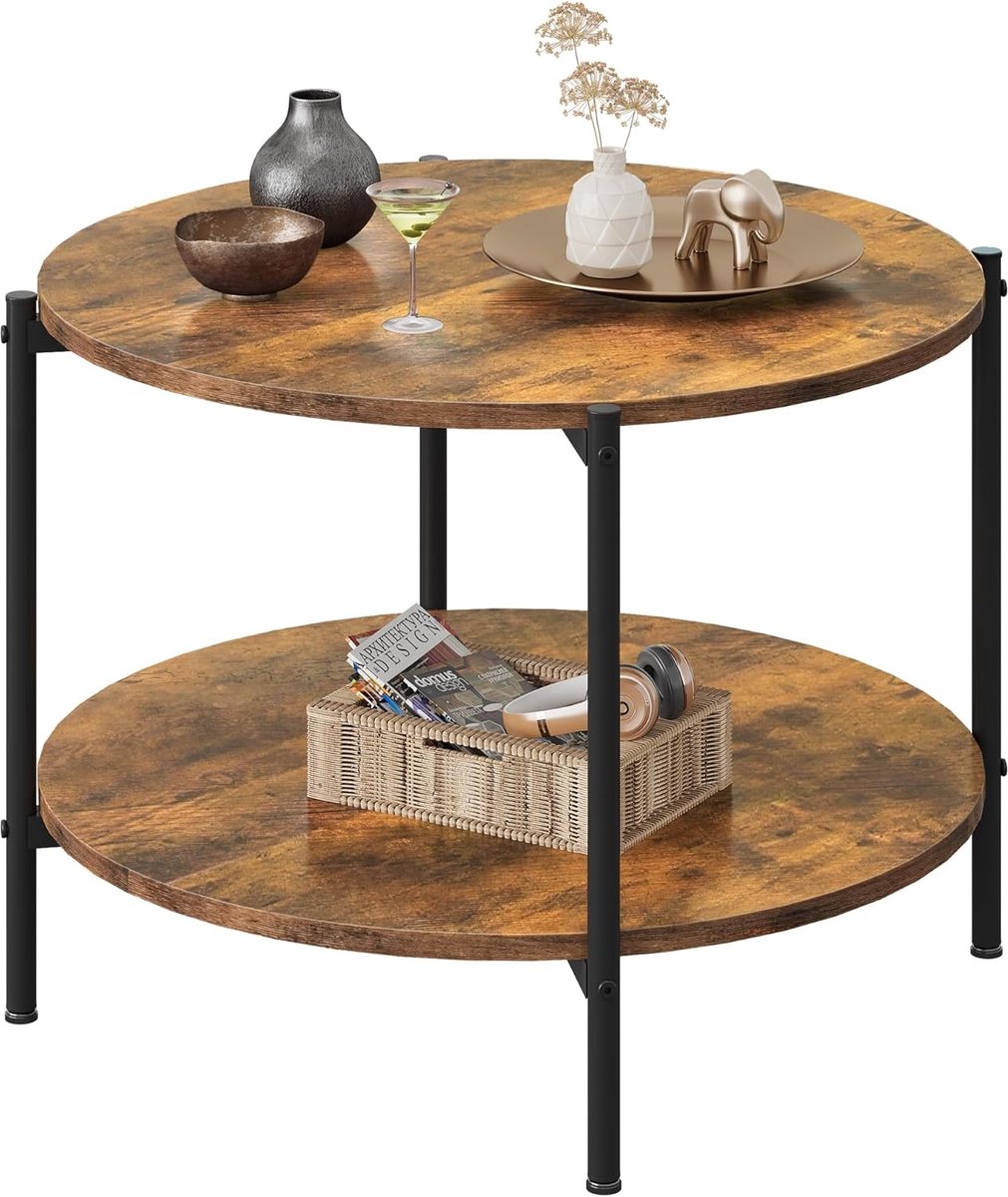 Salontafel rond, houten woonkamertafel met 2 niveaus, banktafel met veel opbergruimte, voor woonkamer, slaapkamer, modern design, bruin. HMTM-ACJ504