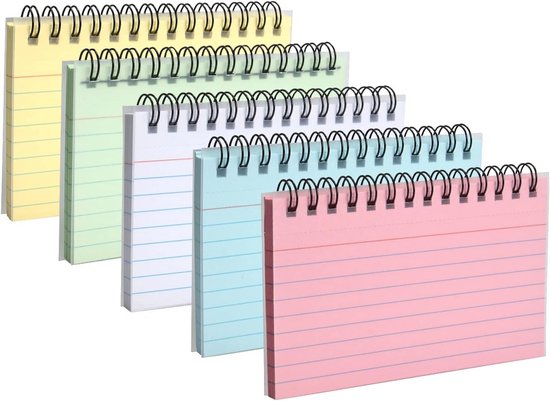 5-pack Indexkaarten - Gekleurde Studiekaarten Met Ringband - 12,5 X 7,5 Cm - Herbruikbare Notitiekaarten Voor School & Kantoor