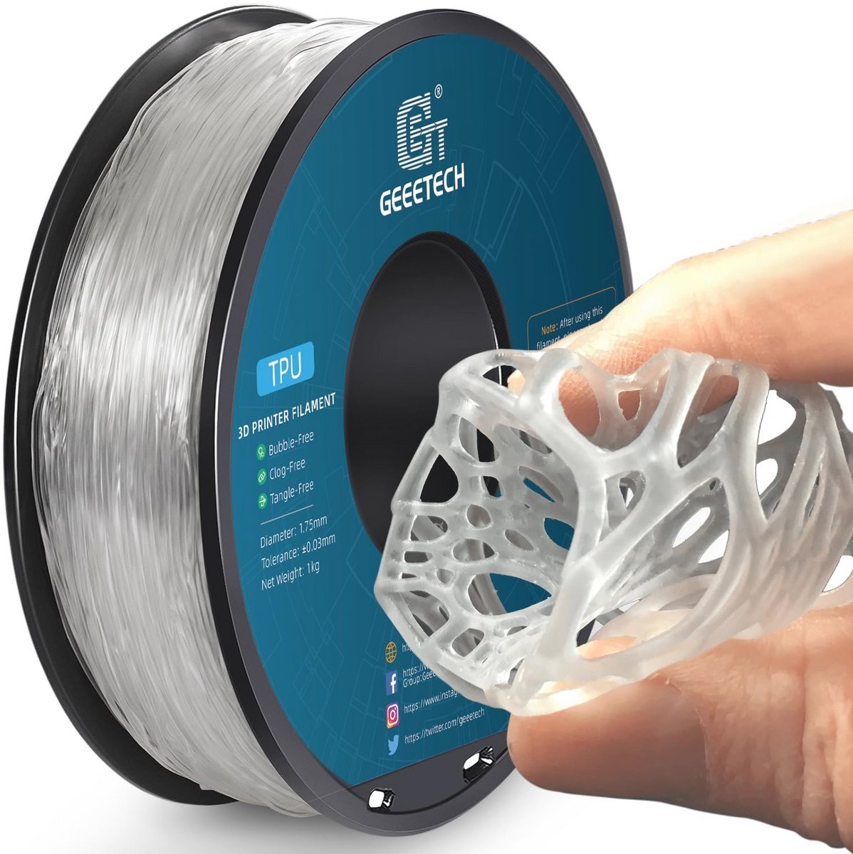 TPU filament 1,75 mm voor 3D-printers - 1 kg transparant
