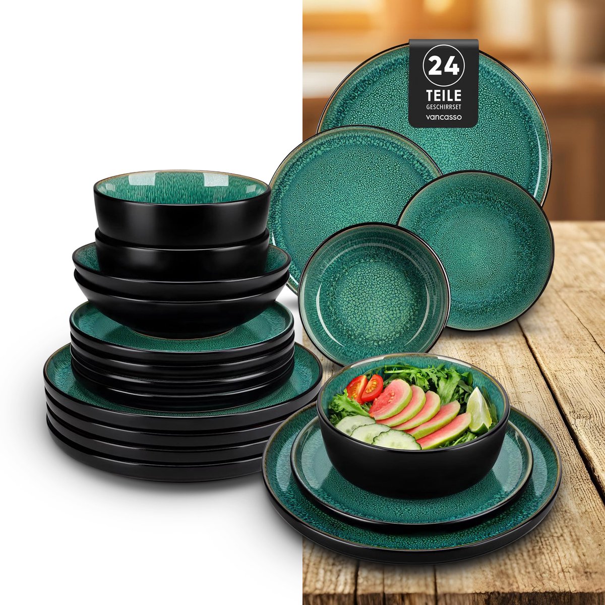 Luxe Serviesset – 24 delig – 6 persoons – Porselein - Bordenset – Dinner platen – Dessertborden - Kommen - Soepplaat - Groen