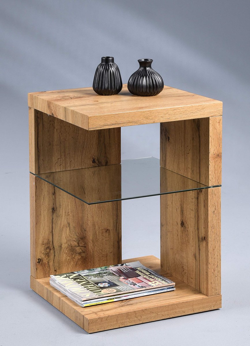 Unyqoos Moderne bijzettafel met eikenlook en glas voor veelzijdig gebruik Bruin