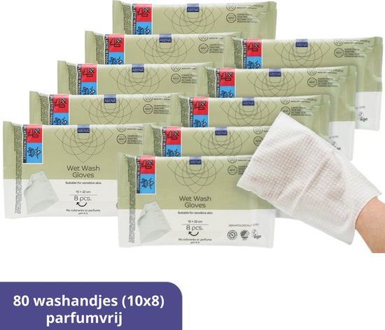 Abena Vochtige Washandjes Wegwerp - Parfumvrij - 80 Washandjes - Voordeelverpakking 10 x 8 washandjes - Wassen en opfrissen zonder water en zeep - Droogt Snel, geen Handdoek Nodig - Opwarmbaar in de Magnetron - Perfect voor Thuis en Onderweg