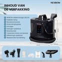 Inhoud verpakking NEXROW vlekkenreiniger Deluxe met slang, borstels en opzetstukken. Afmetingen 33x17.5x32 cm.