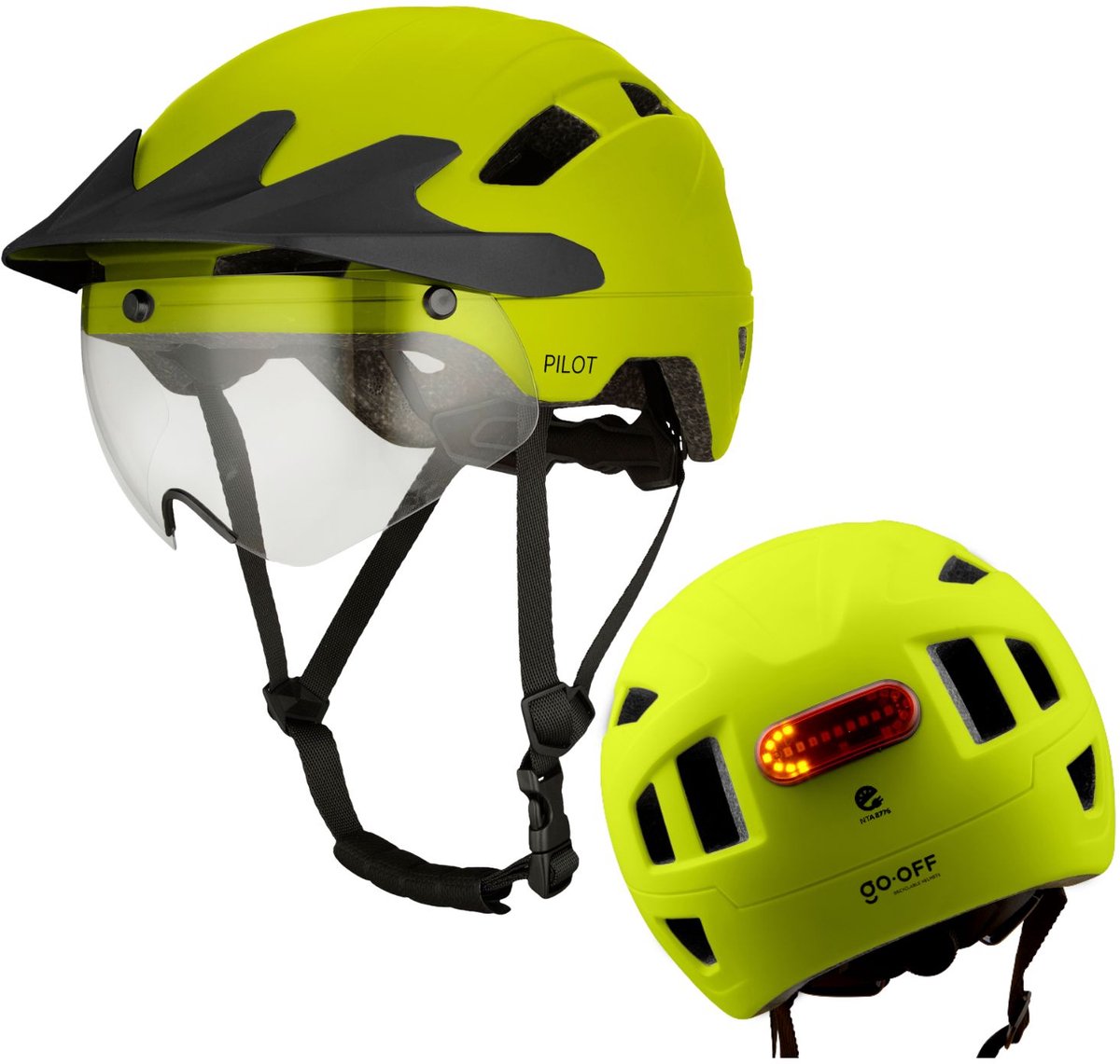 GOOFF® PILOT 4 in 1 speed pedelec helm met afneembaar vizier en regencap - transparant vizier - lichtgewicht snorfiets helm - NTA gecertificeerd speedpedelec helm - maat L fluorgeel - voor vrouwen en mannen