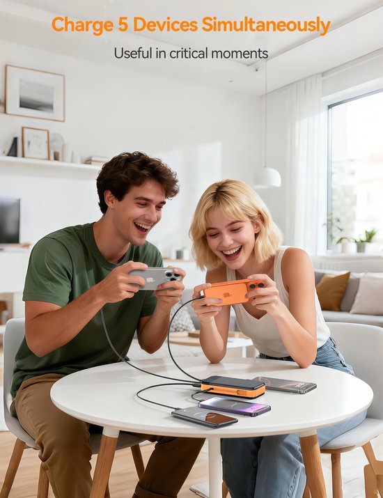 Sounix Powerbank 30 000 mAh avec câbles - Lightning, USB A, USB C & Micro USB - Chargeur rapide 22,5 W et affichage LED de la batterie - Convient pour iPhone & Samsung - Zwart/ Oranje
