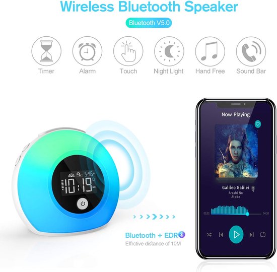 Bluetooth Wekker-Kinderkamer Mini Wireless Speaker-Draadloze Bluetooth Luidspreker-Met Muziek-Dimbaar Nachtlampje-Kleurverandering-Deep Sleeper Alarm-Waterdichte Stereo Sound-Bass-LED Licht-Met Handvat-Draagbare Speaker-Voor Feesten-Buiten-Kamperen — afbeelding 5