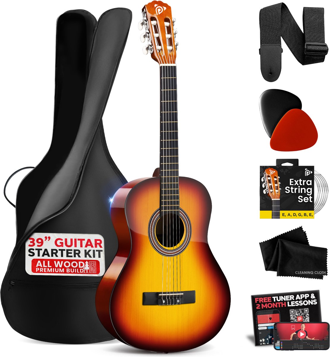 Pyle Akoestische Gitaarset, 4/4 Junior Maat, Houten Instrument met Volledig Accessoirepakket, 39" - Bruin