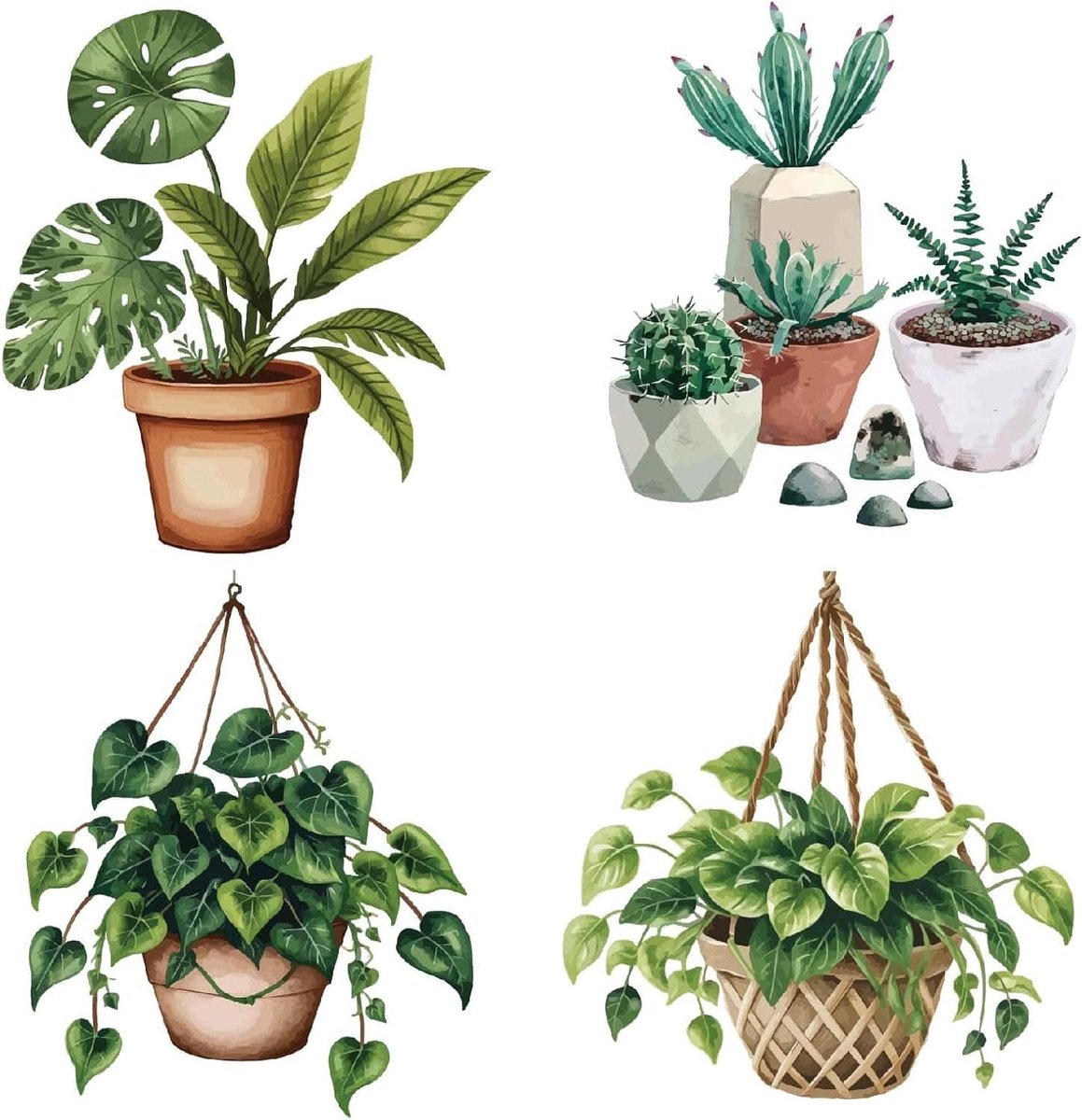 Ronte - Stickers voor Potplanten en Hangende Planten - Raamstickers tegen Botsingen - Glasdecoratie voor Schuifdeuren - Herbruikbare Statische Film - Groene Bladeren - Lente Thema - 16x16cm - Set van 4
