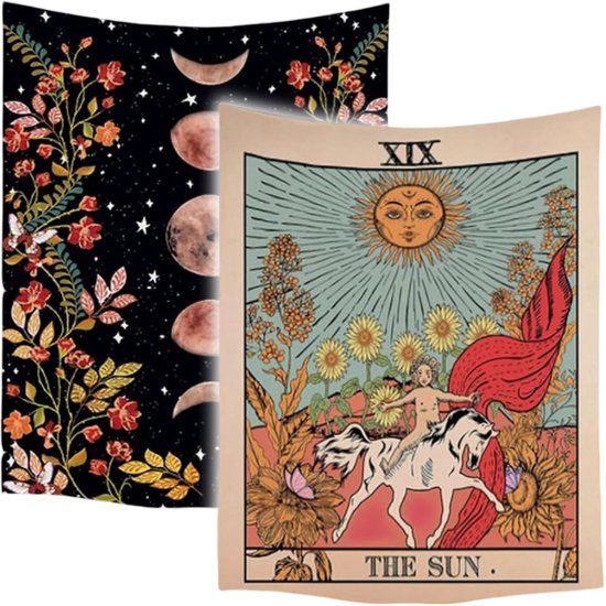 Ulticool - Tapisserie - Soleil Nature Fleurs Tarot Horoscope Vintage Retro - 73 cm x 95 cm - Tissu Tapisserie Peinture - Poster Art - Multicolore