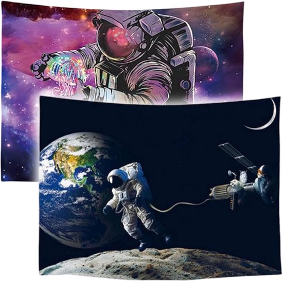 Ulticool – Wandkleed - Astronaut boven Aarde Maan Raket - Set van 2 designs - 73 cm x 95 cm – Schilderij Wandtapijt Stof – Poster Art – Blauw