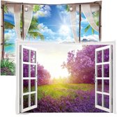 Ulticool – Wandkleed - Doorkijk Strand Zee Bloemen Lavendel Natuur - Set van 2 designs - 73 cm x 95 cm - Schilderij Wandtapijt Stof – Poster Art