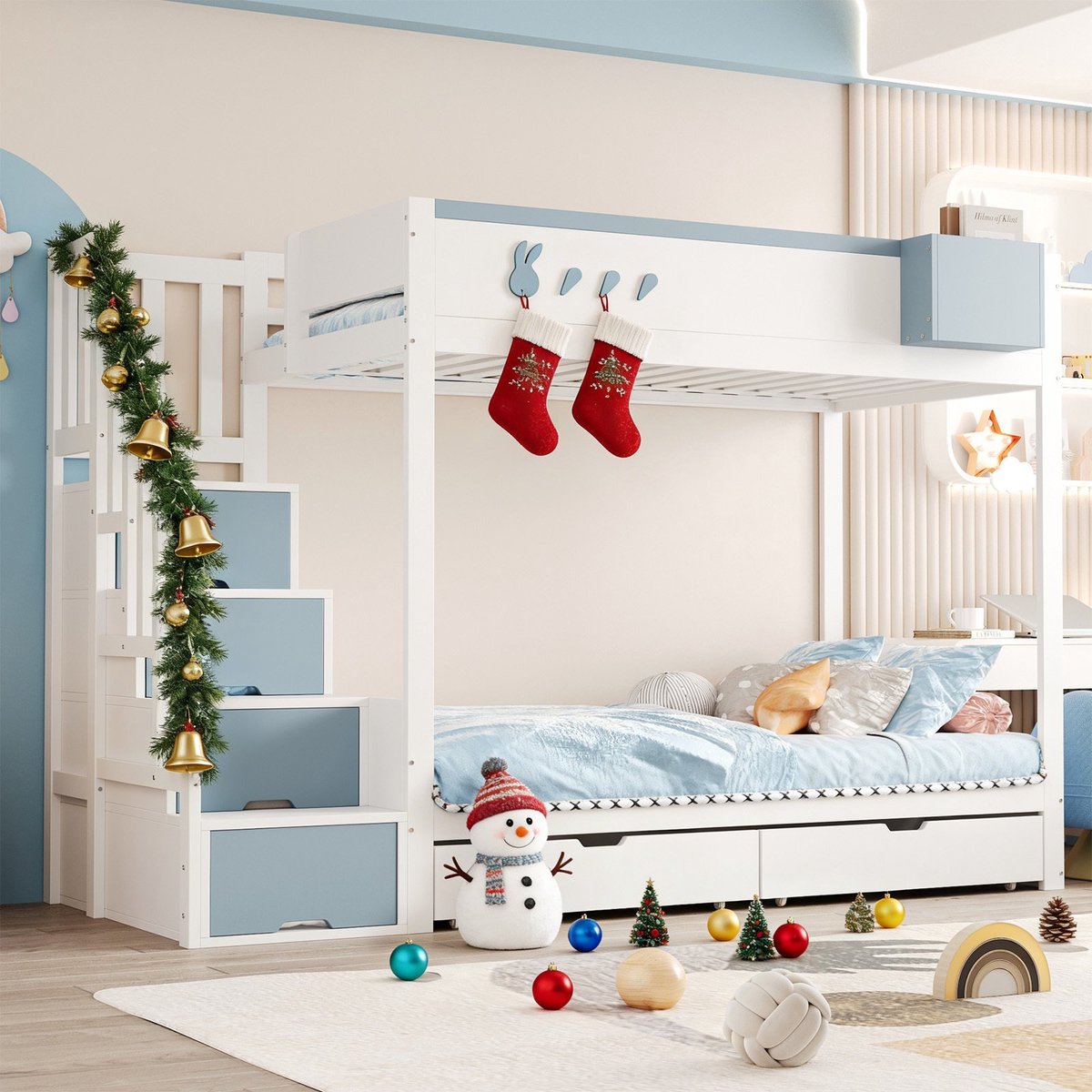 MODFU Bedframe 90x200 cm – Massief hout wit/blauw – Met opbergruimte, afneembaar rek & konijnenmotief – Kindvriendelijk Wit+Blauw