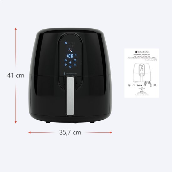 KitchenBrothers Airfryer XL - PFAS-Vrij - 1890W - Heteluchtfriteuse XXL - 7,2L Inhoud - 80ºC tot 200ºC - Zwart