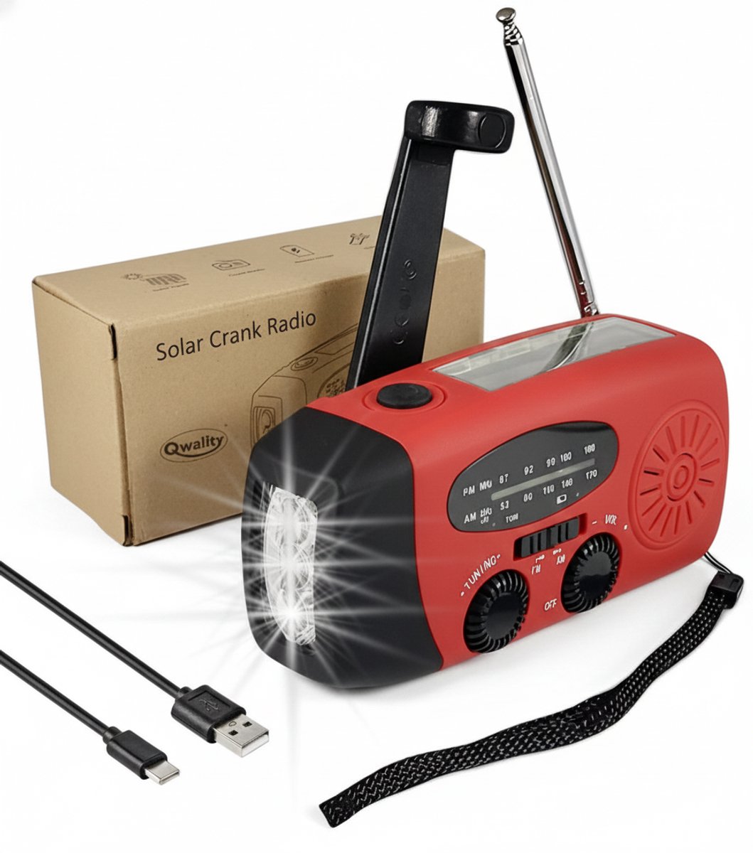 Noodradio Solar Opwindbaar – Powerbank 2000 mAh – Opwindware Radio - Zonne Energie - Noodpakket – Zaklamp – Solar Radio – Powerbank – Survival Kit – Dynamo Radio - Rood - Qwality®