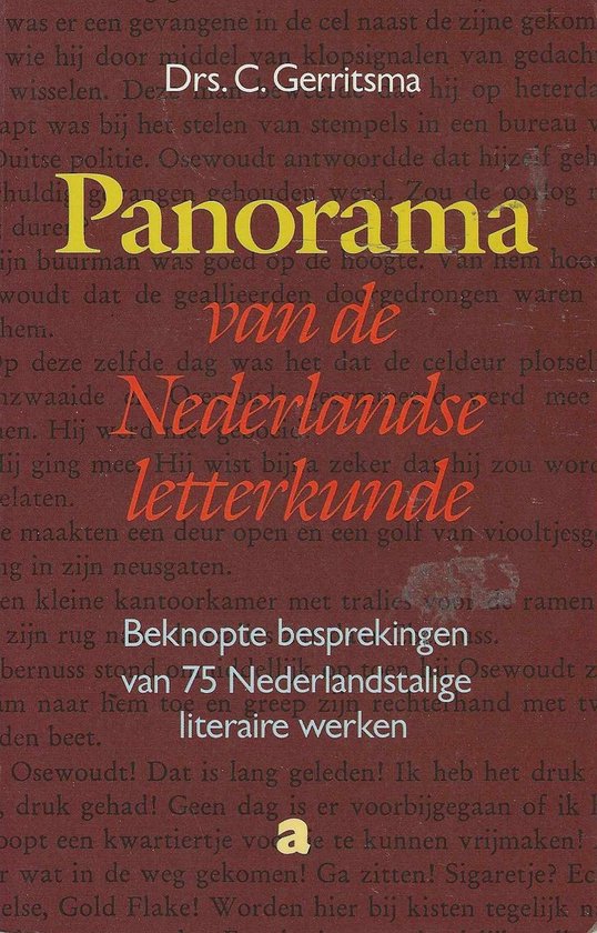 Boekcover met de titel "Panorama van de Nederlandse letterkunde". De tekst is rood en geel op een achtergrond van oud papier.