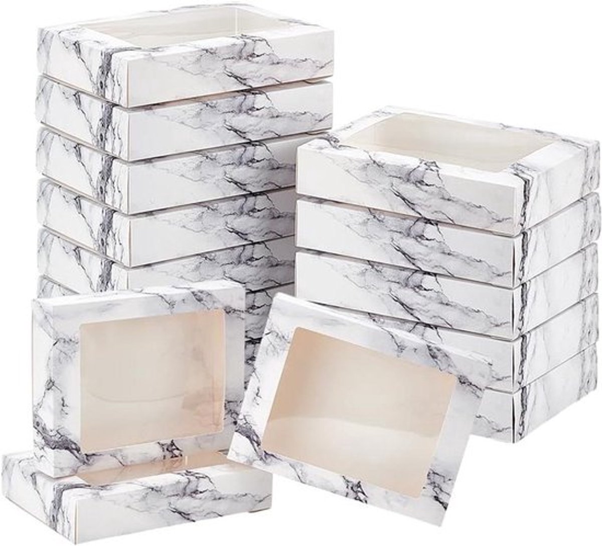 Kraftpapieren geschenkdozen met doorzichtig PVC-venster, voor bakkerijwaren, gebak, snoep, koekjes en ambachtelijke producten - 15 stuks - 17,5 x 13,5 x 3,5 cm - marmer-wit - feestelijke verpakking voor diverse lekkernijen