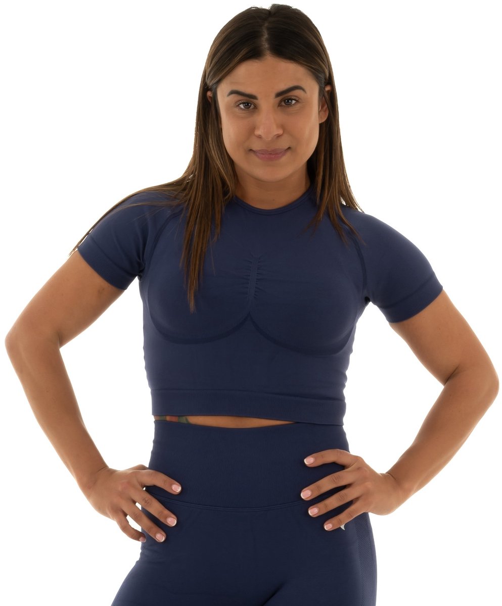 Dames cropped sport T-shirt – zacht, ademend & stretchy – fitness, yoga & dagelijks gebruik – DM Training Comfort Cropped T-shirt (indigo)