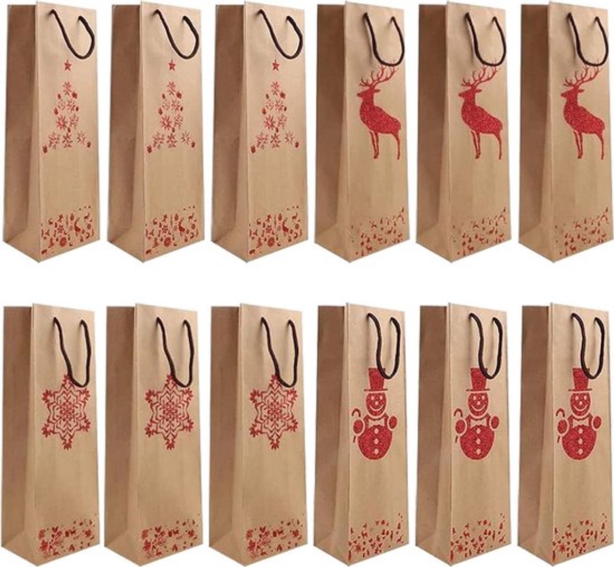 12 stuks geschenkzakjes flesjes 36 x 13 x 8 cm premium kerst-wijnzakken-kraftpapieren flessen cadeauzakjes-handvat-trekkoord-wijnflessen verpakking A 1 stück (12er Pack) .