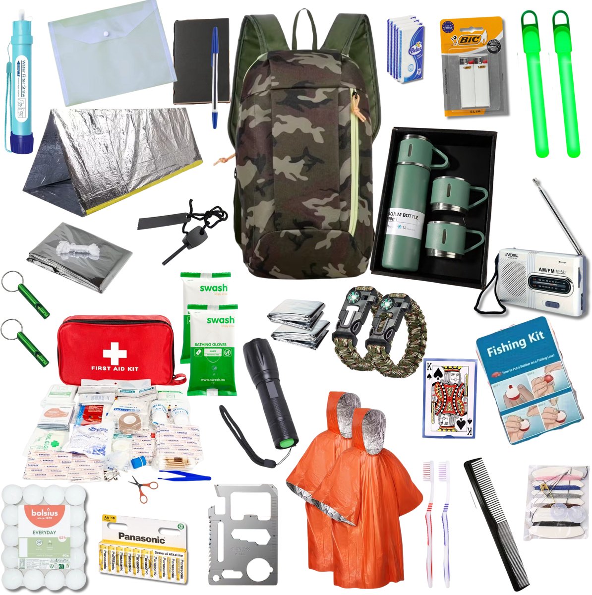 FA-VE 35-Delig Noodpakket – Compleet Survival & EHBO Pakket met Rugzak – Voor Noodgevallen, Outdoor & Reizen - Denk Vooruit Pakket -