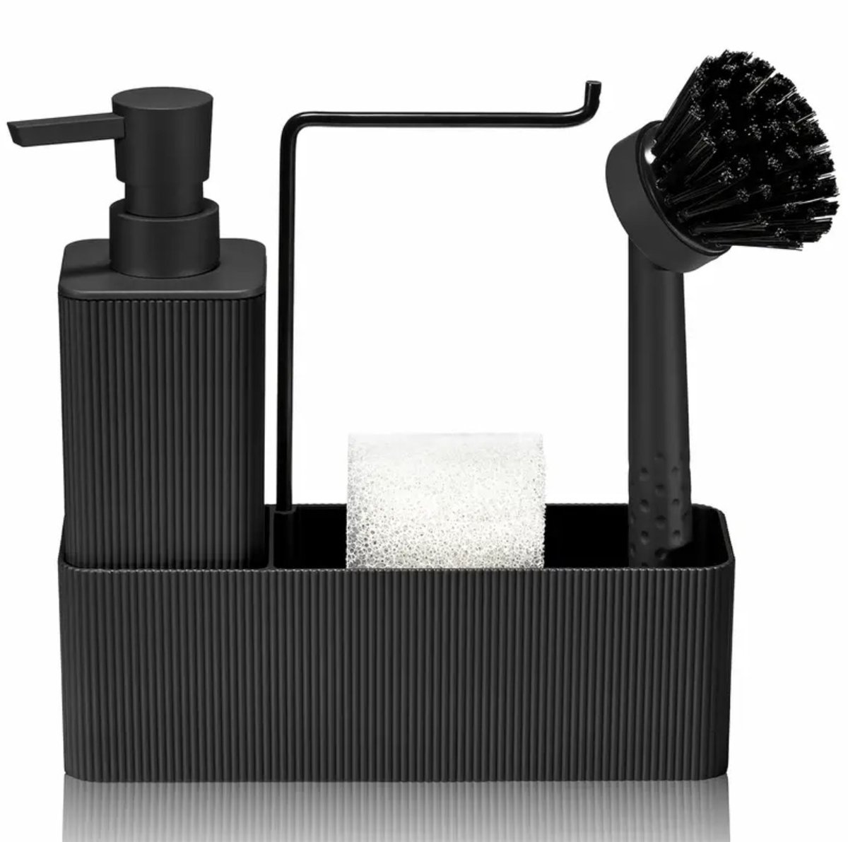 Ultiluxe® Afwas organizer - Zwart - Afwasmiddeldispenser met afwasborstel en spons - Voor afwasmiddel, zeep, vaatdoek, afwasborstel, spons - Spoelbakorganizer - Voor de keuken - Afwassen