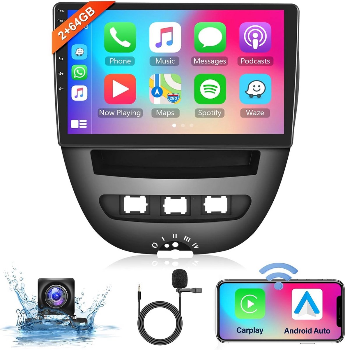 10 inch Android Autoradio met Draadloze CarPlay en Android Auto, 2GB RAM 64GB, Touchscreen, Bluetooth, FM/RDS, HiFi, Navigatie en AHD Camera, Geschikt voor Toyota Aygo, Peugeot 107, Citroën C1 2004-2014