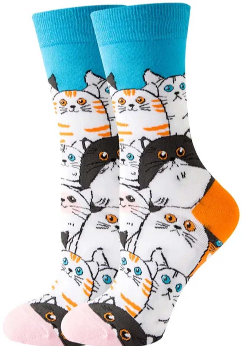 Dames sokken - blauw - wit - oranje - leuke print kat - katten - 36 - 40 - cadeau voor haar - geschenk vrouwen - Kerst cadeau - verjaardagscadeau - gift