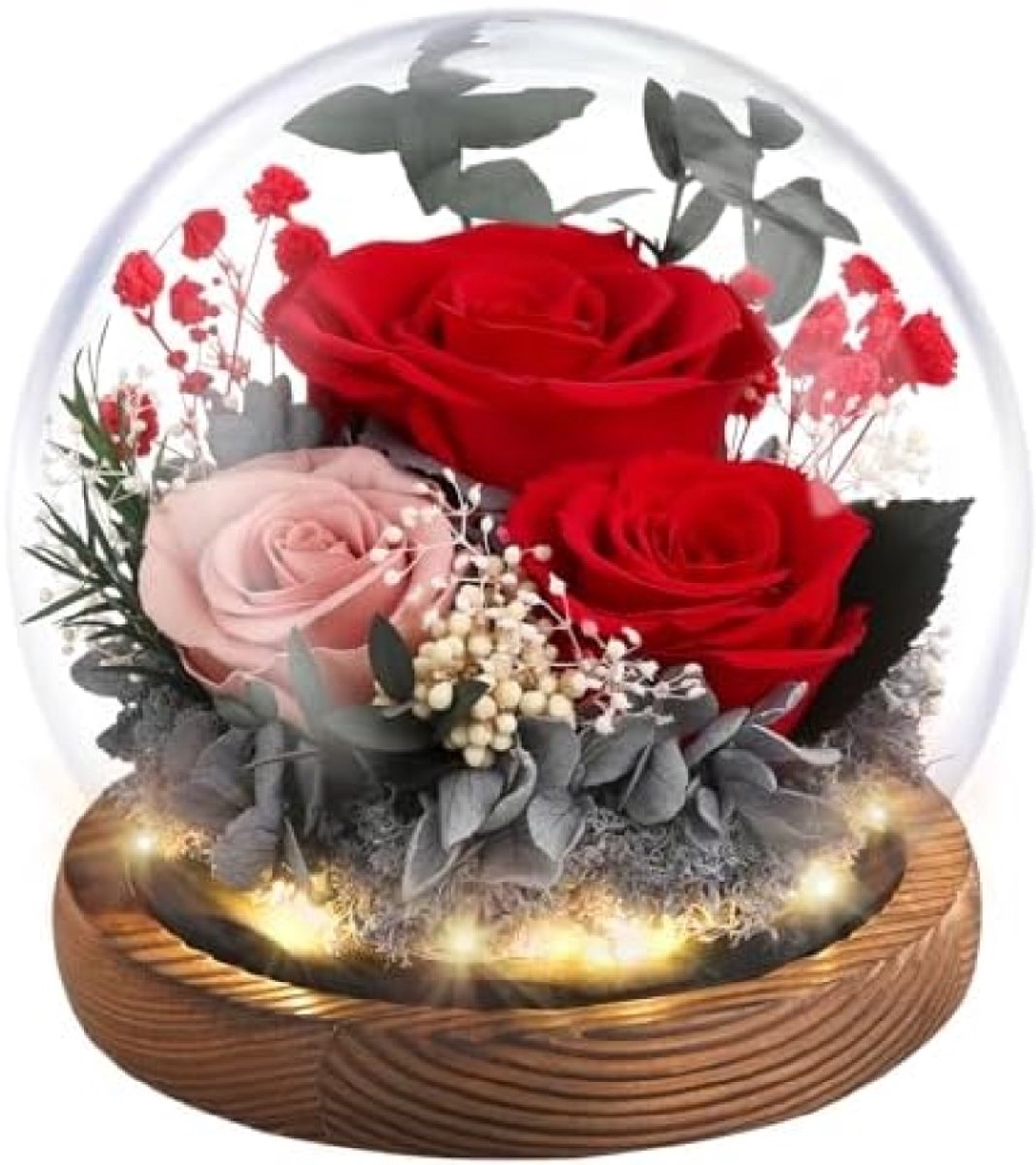 Eeuwige roos in glazen stolp met LED verlichting - decoratief geschenk