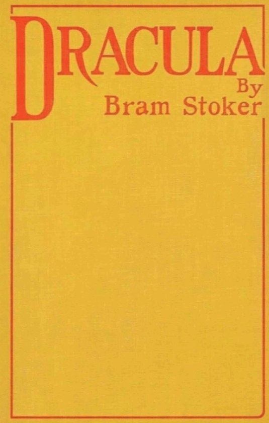 Boek 'Dracula' van Bram Stoker, met de titel in rode letters op een gele achtergrond. Kader vooraan.