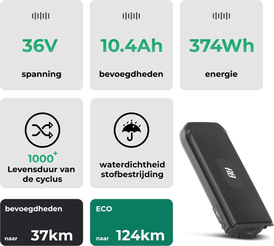 Zwarte fietsbatterij met specificaties: 36V, 10.4Ah, 374Wh, levensduur 1000+ cycli, waterdicht, stofdicht, bereik 37-124km.
