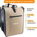 Beige fietstas met zwarte accenten. Tekst '500D TPU', '100% Waterdicht', 'Duurzaam & Slijtvast' en 'Magnetic Buckle'.