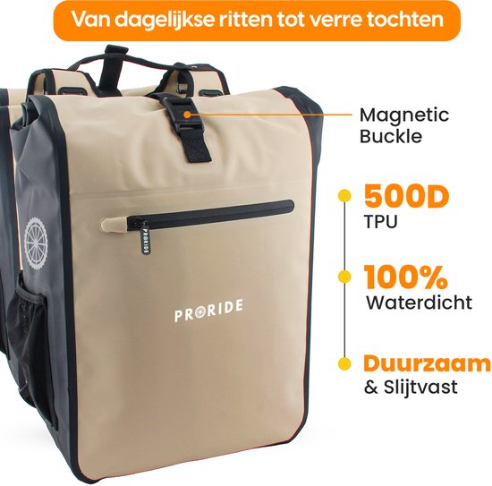 Beige fietstas met zwarte accenten. Tekst '500D TPU', '100% Waterdicht', 'Duurzaam & Slijtvast' en 'Magnetic Buckle'.