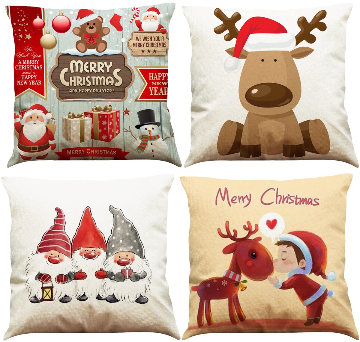 Unyqoos Set van vier feestelijke kussenhoezen met kerstpatronen voor gezellige decoratie Kerstmis