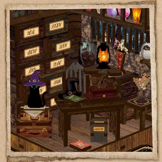 Een magische kamer met een zwarte kat met tovenaarshoed, een bureau met een lamp en een stoel.