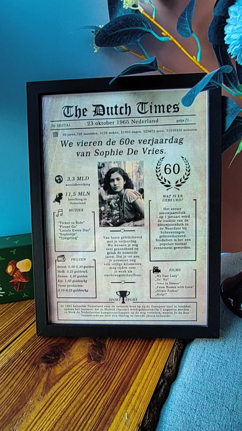 Gepersonaliseerde Verjaardagskrant – Poster in Retro Krantstijl met Foto en Naam – Origineel Cadeau voor 40e,50e, 60e, 70e, 80e Verjaardag-persoonlijk-Sarah-Abraham-alle jaren van 1930 tot heden-A4 mat-je wensen op de poster-cadeau met een foto