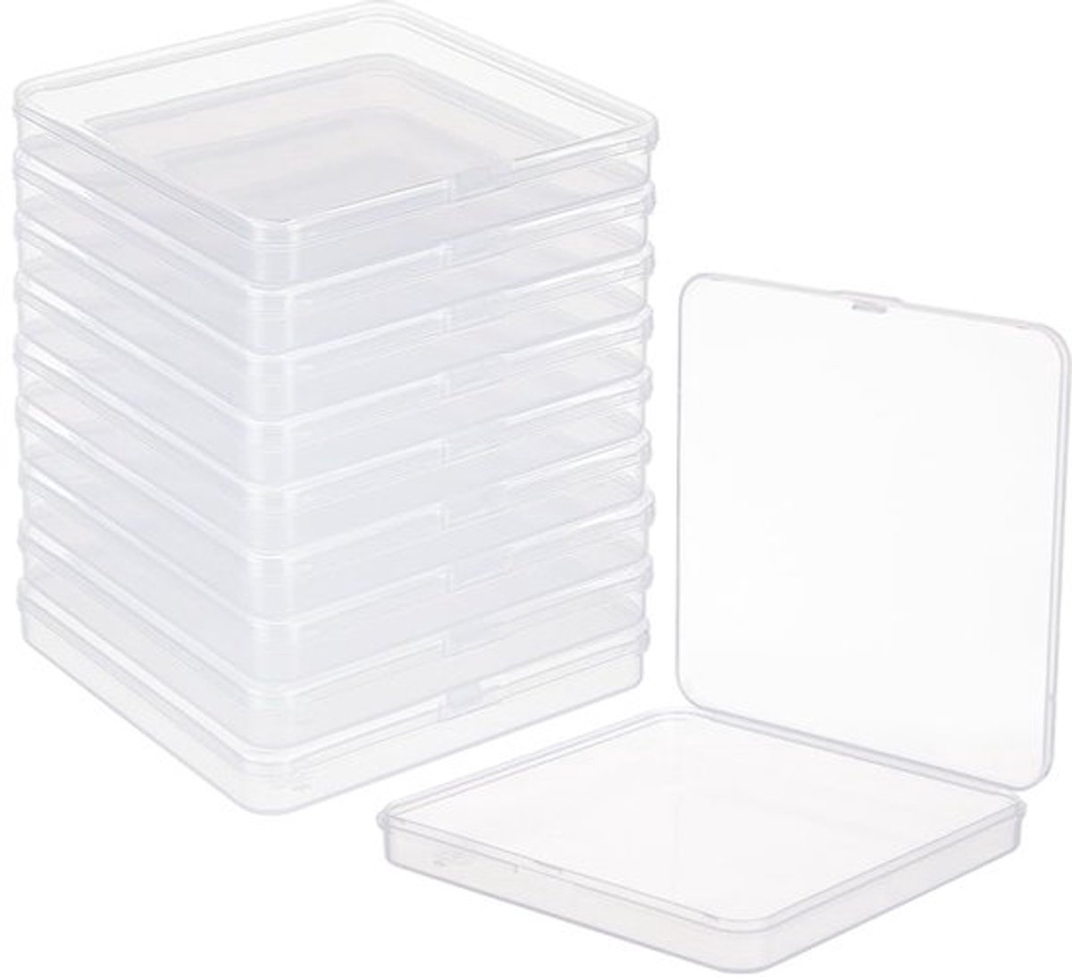 Vierkante Plastic Opbergdozen 11x11x1,5 cm - Doorzichtig met Scharnierend Deksel - 10 Stuks