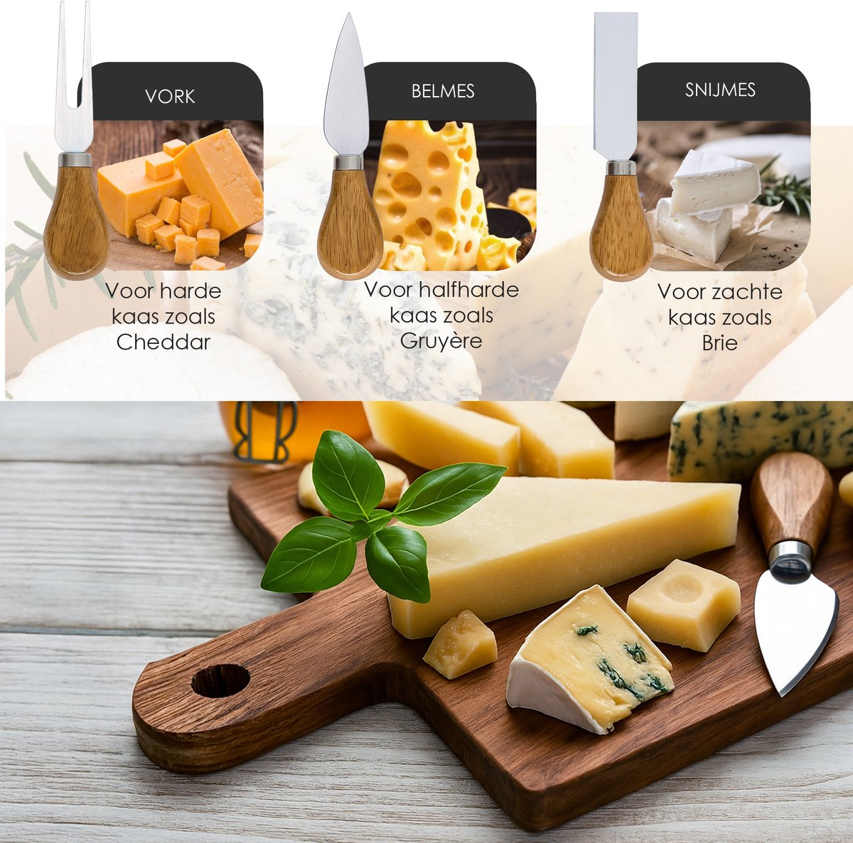 Kaasplankje met Messen – Bamboe Kaasplank met 3 Kaasmessen – Serveerset Houten Plank 42x15,5x1,5 cm voor Kaas, Borrel & Tapas — cadeau in Kookcadeaus - foto 6