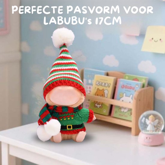 Rode en Groene Poppen Kerst Elf Kleding - Met Mutsje en Kersttrui - Cute and Festive Geschikt voor Labubu — afbeelding 3