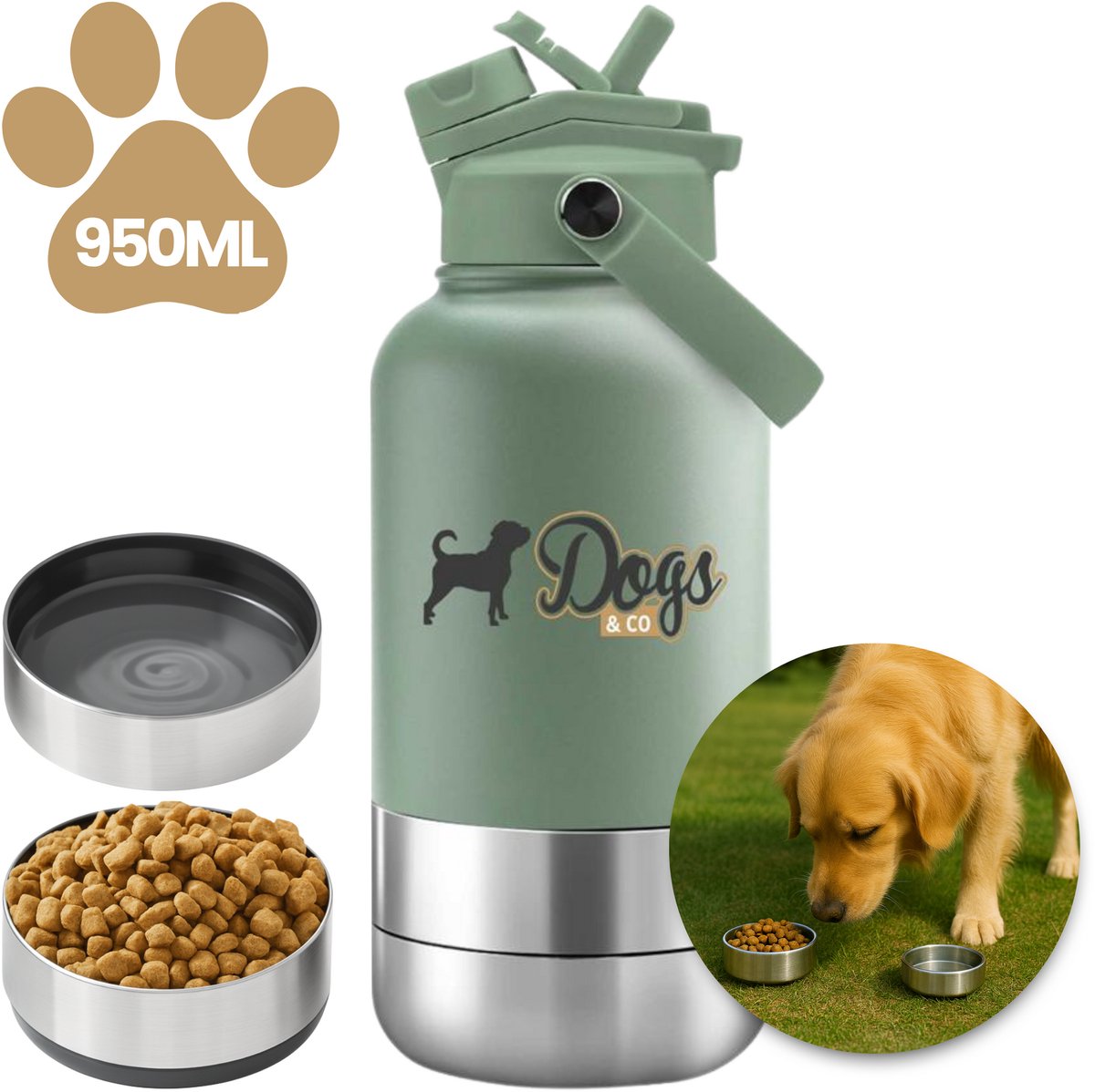 Dogs&Co® Geïsoleerde Draagbare Drinkfles 950ML - Groen - Dogs&Co® Geïsoleerde Draagbare Drinkfles 950ML - 4-in-1 Draagbare Drinkfles / Voerbak voor Honden en Katten - Inclusief Voerbak & Waterbak - Roestvrij Staal & BPA-vrij