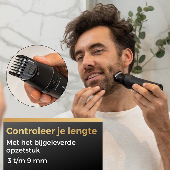 Man gebruikt de opzetkam van 3-9mm op het Wellshave scheerapparaat voor het trimmen van de baard.