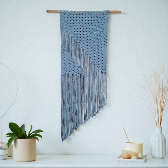 Cafuné Premium Macramé Pakket – DIY Wandkleed Maken – Compleet Knutselpakket – Inclusief Instructievideo – 3mm Macramé Garen – Lichtblauw – 50cm Houten Stok – Ca. 80cm Lang