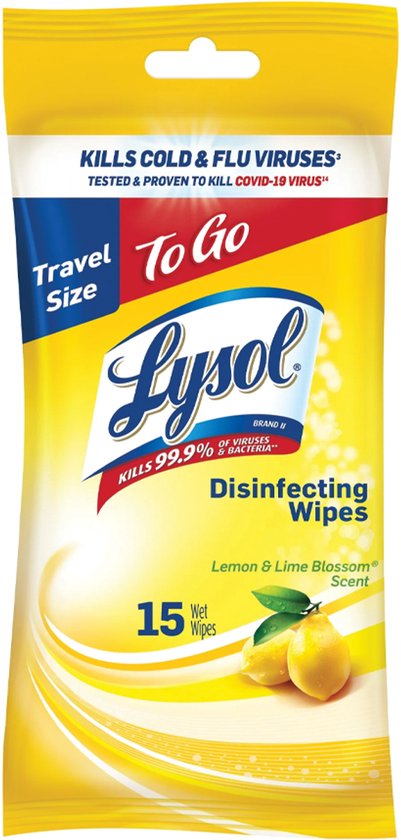 Lingettes désinfectantes Lysol, format voyage, 15 pièces, parfum citron et citron vert, emballage jaune avec image de citrons.