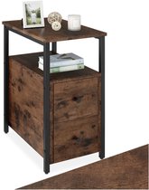 tectake® Bijzettafel met 2 lades en 2 niveaus van hout - Smal nachtkastje in industrieel design - Voor woonkamer, slaapkamer, kantoor, hal - Zwart metalen frame - Afmeting (LxBxH) 30 x 49,5 x 61,5 cm - Donkerbruin